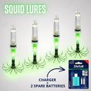 LED Squid Lures Kit | Night Fishing Squid Jig with Sharp Hooks + Charger with 2 Spare Batteries