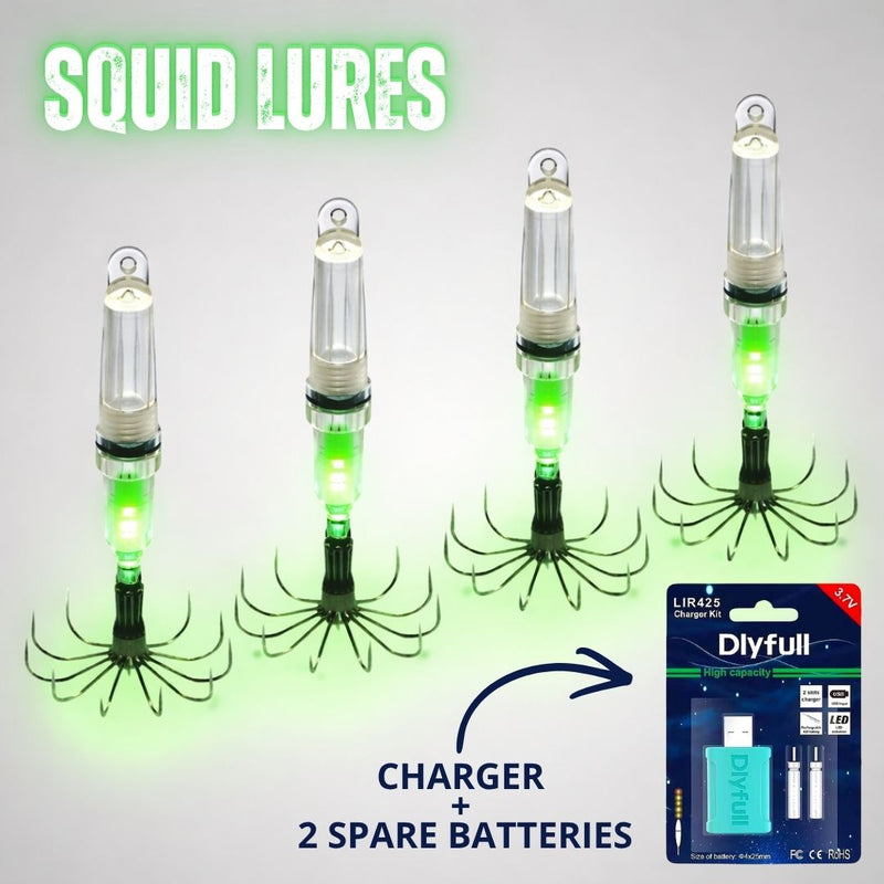 LED Squid Lures Kit | Night Fishing Squid Jig with Sharp Hooks + Charger with 2 Spare Batteries